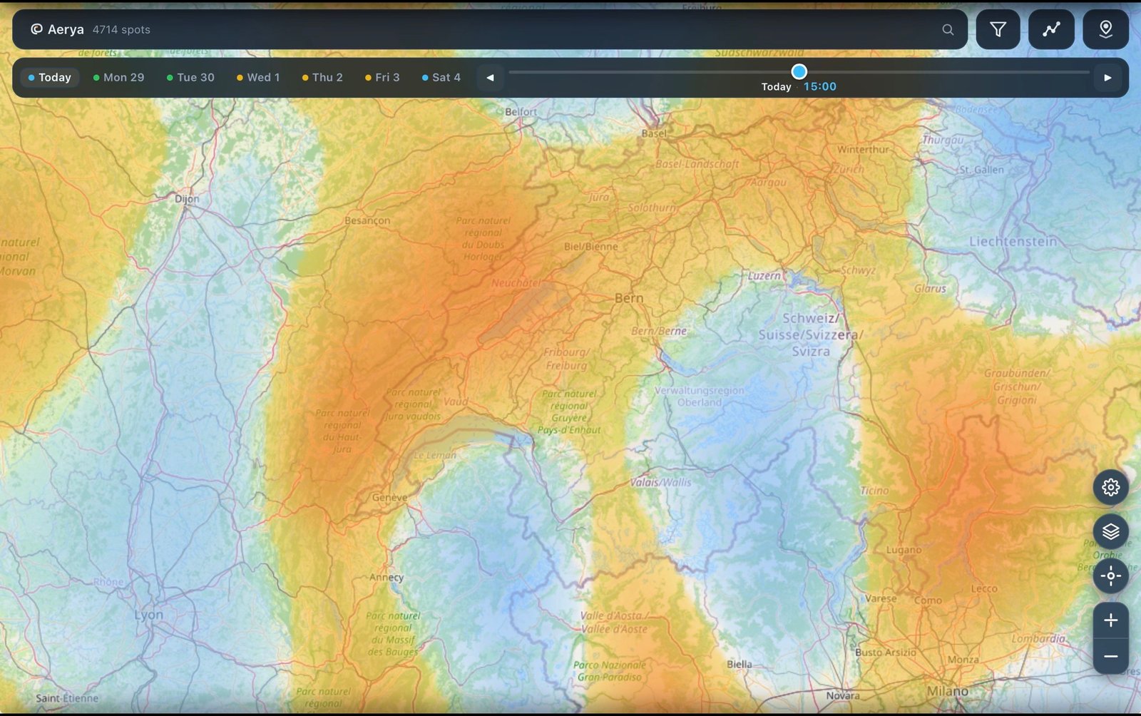 Aerya convergence overlay over Switzerland — warm zones mark converging airmasses, Today 15:00