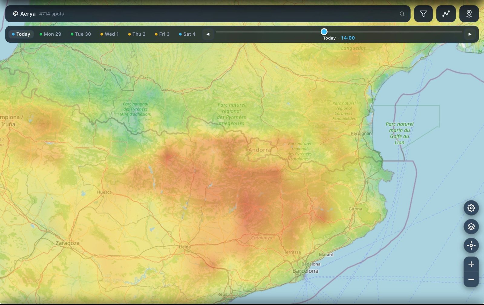 Aerya thermal strength overlay over the Pyrenees — red cores along the spine near Andorra, Today 14:00