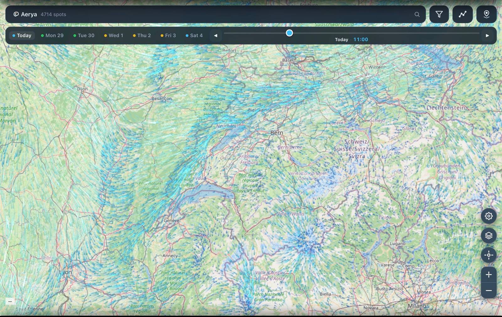 Aerya wind field overlay — flow streamlines funnelling through the Swiss Alps and Jura, Today 11:00